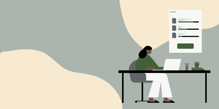 Illustration of a sole trader sitting at a desk in front of a laptop, with a poster on the wall behind her.