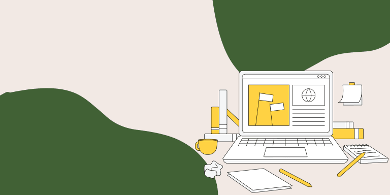Beginners guide to confirmation statement for micro companies illustrated by a vector illustration of a laptop and other on a messy desk.