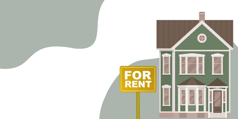Illustration of a house with a 'for rent' sign outside.