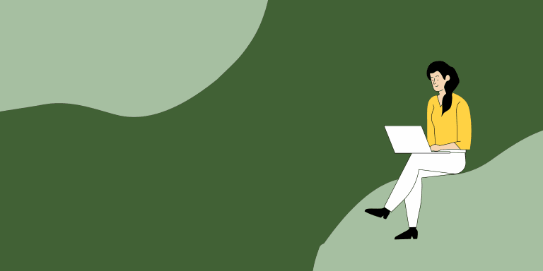 Illustration of woman sitting down working, with a laptop on her lap